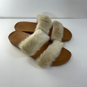 Reef Après Ski Cushion Vista Cozy 10 Faux Fur Slides Tan Coastal Grandmother